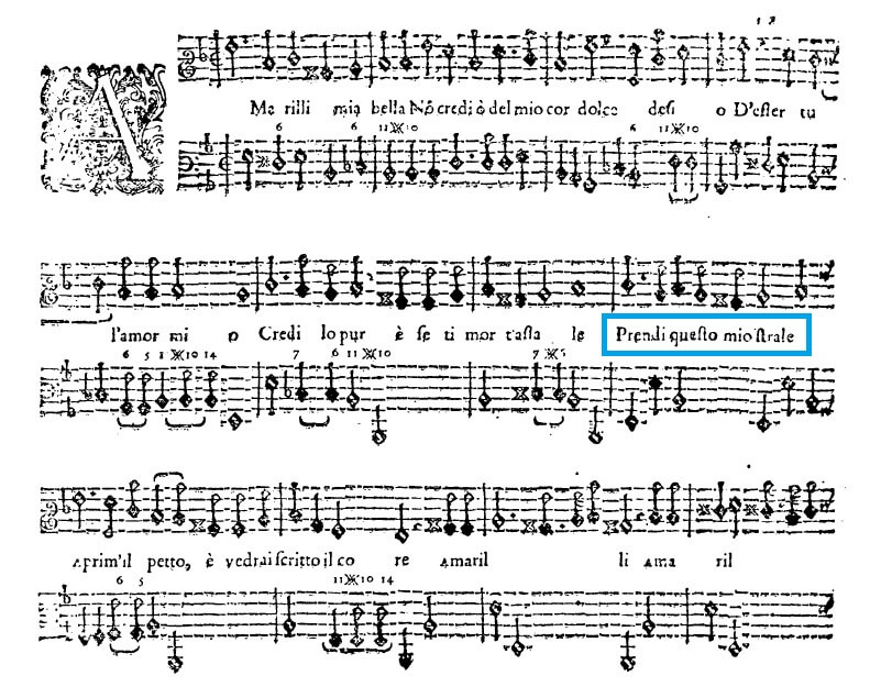 1600年代初頭に出版されたカッチーニの「新音楽」アマリッリのページ